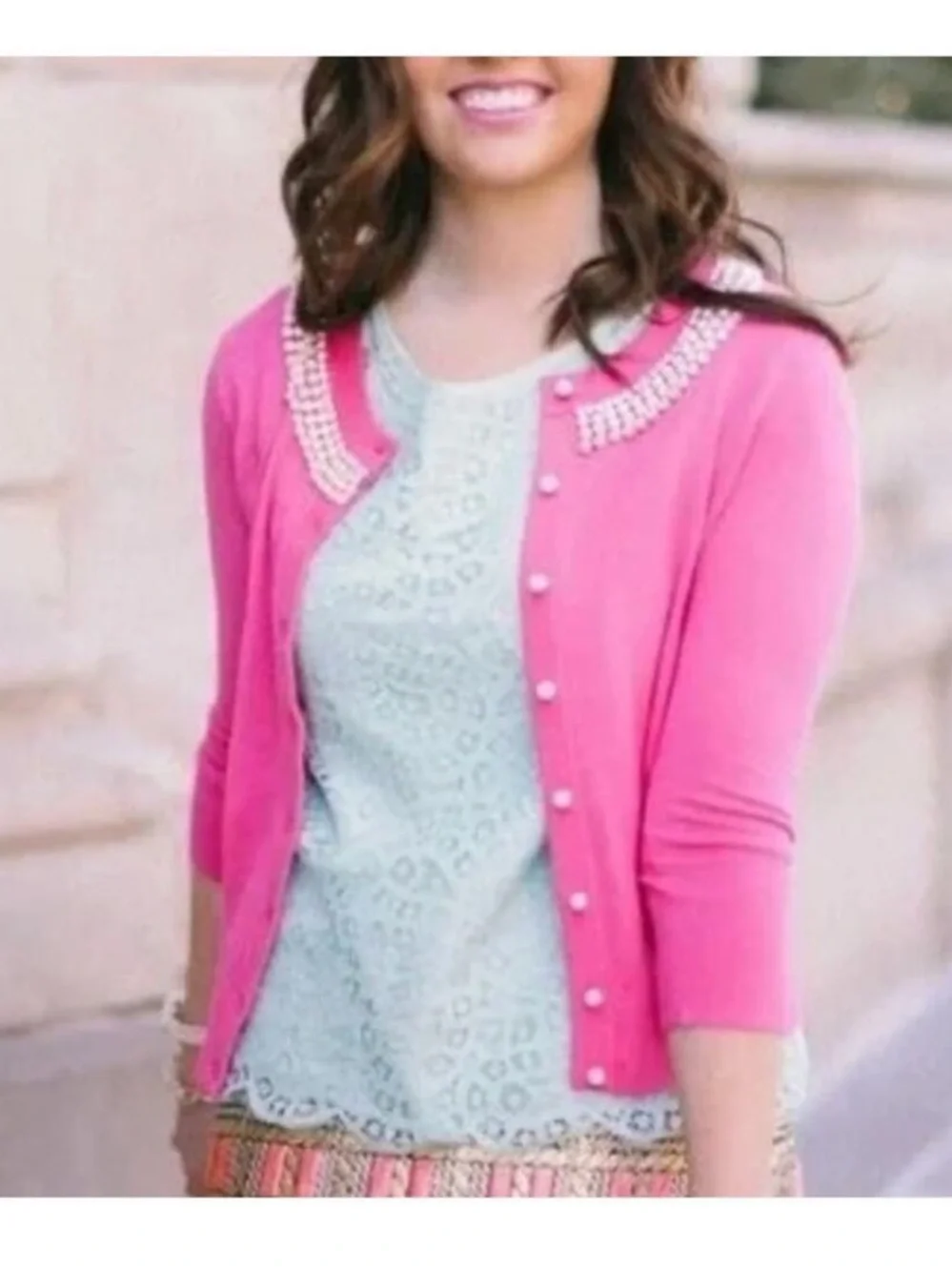 Kate Spade Tula Pearl & Rhinestone Cardigan in Pink